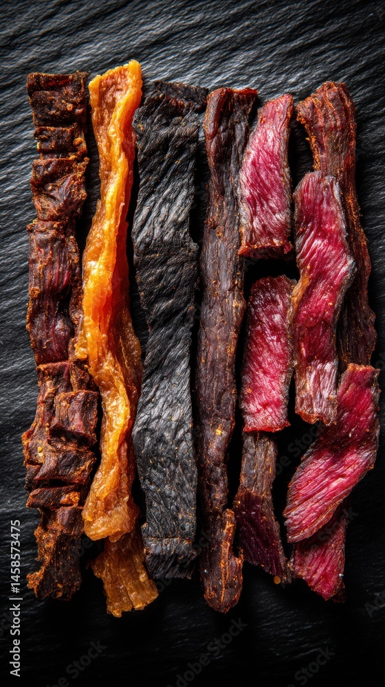Colorful Assortment of Dried Meat Strips on Dark Background