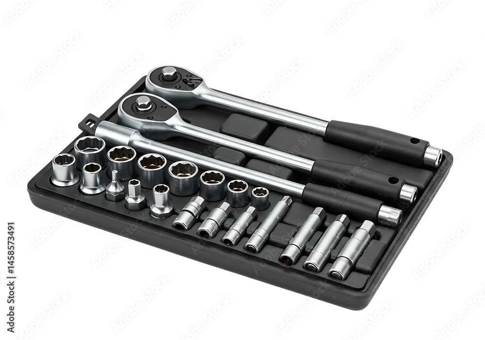 Complete socket wrench set in a black case isolated on a white background Complete socket wrench set in a black case isolated on a white background