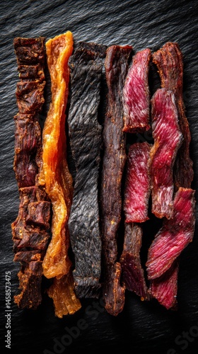 Obraz na płótnie Colorful Assortment of Dried Meat Strips on Dark Background w salonie