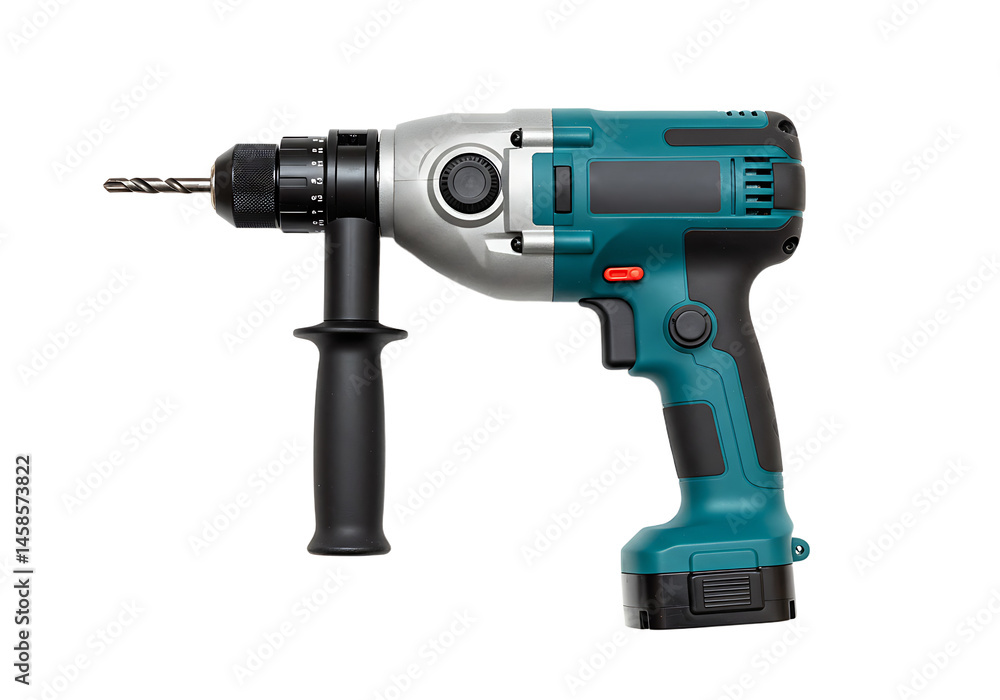 Electric drill with auxiliary handle isolated on white background, powerful tool Electric drill with auxiliary handle isolated on white background, powerful tool