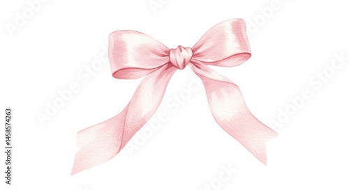 Delicate Watercolor Pink Ribbon Bow on White Background, Romantic Ornament