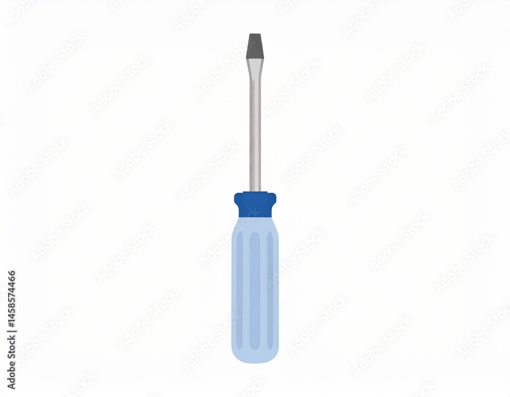 A flathead screwdriver with a blue ridged handle stands against a white background A flathead screwdriver with a blue ridged handle stands against a white background