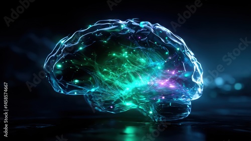 Translucent brain-shaped object glowing with teal and purple light on reflective surface