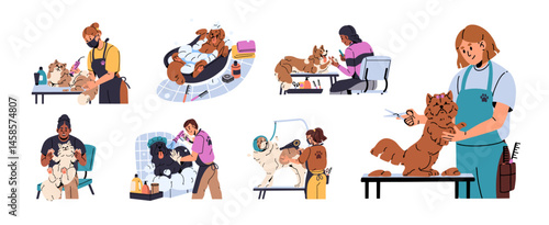Set of pet grooming. Groomers care about cute animals, brushing cats, bathing dogs. People cut claws to kitten, washing pups, drying puppies. Flat isolated vector illustrations on white background