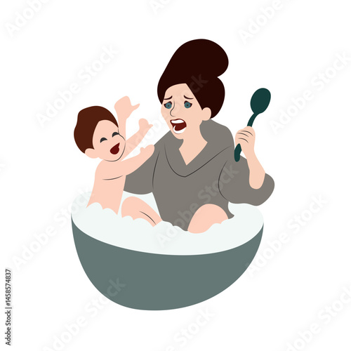 Stressed Mom Bathing Playful Baby