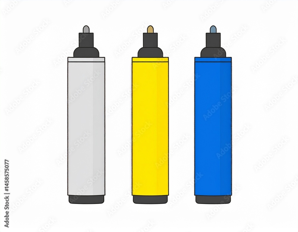 Three markers stand side-by-side in gray, yellow and blue, each with a gray cap and black base Three markers stand side-by-side in gray, yellow and blue, each with a gray cap and black base