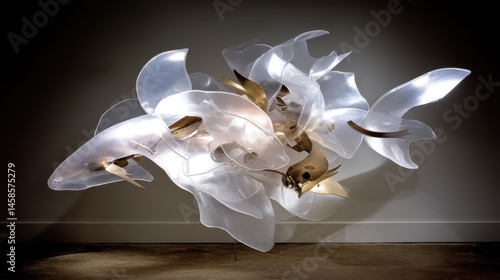 Translucent sculpted artwork with overlapping organic forms, acrylic and gold-toned metallic elements on display