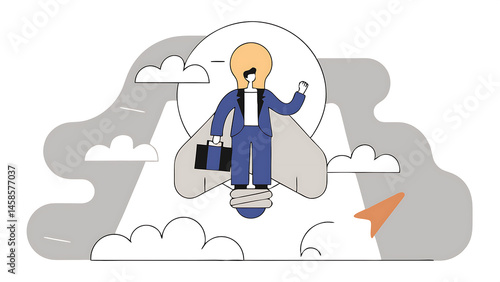 idea innovation and creativity help boost productivity and motivation to reach success goal career development and business growth concept confident businesswoman with lightbulb jetpack flying high photo