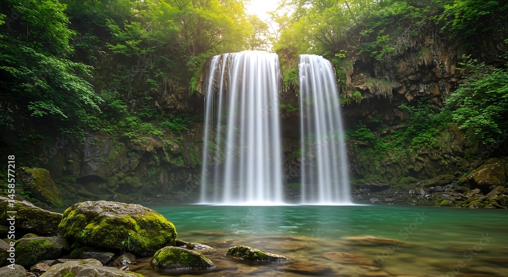 Fototapeta premium Dramatic Waterfall Flowing Over Mossy Rocks into Clear Pool with Sunlit Mist Generative AI