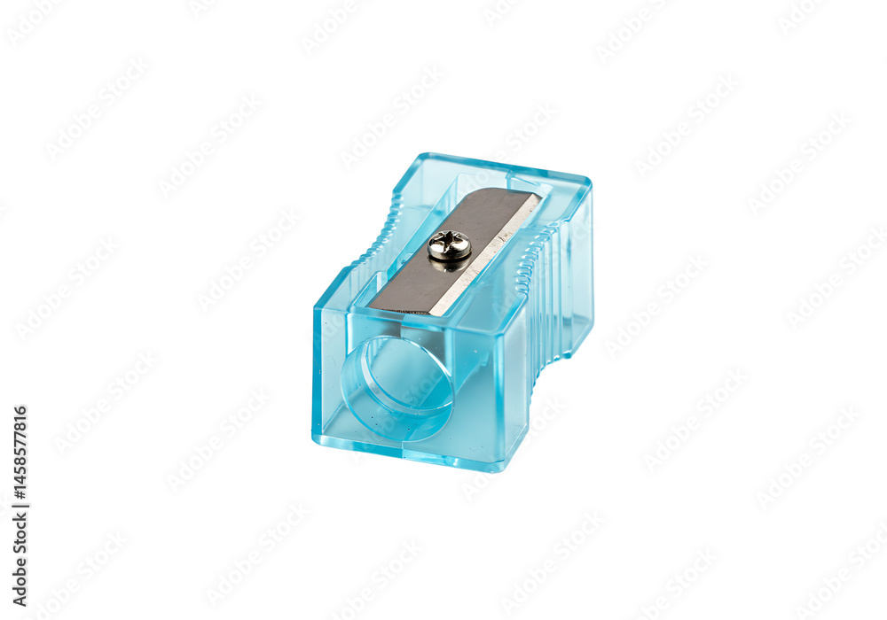 Translucent blue pencil sharpener on a clean white background, ideal for design Translucent blue pencil sharpener on a clean white background, ideal for design