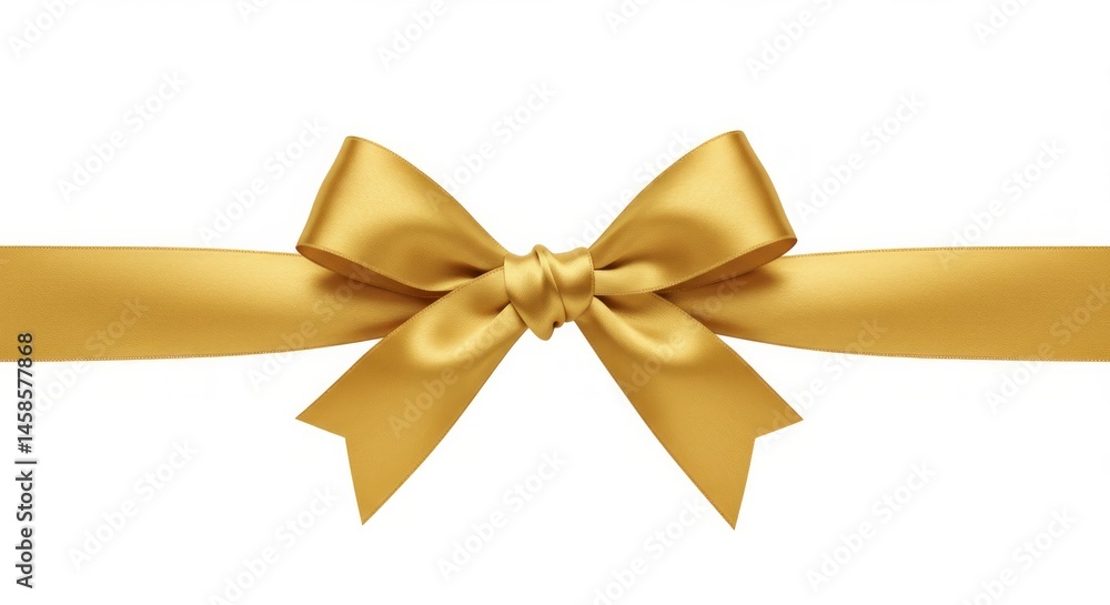 Elegant golden ribbon and bow gracefully adorns a clean white background Elegant golden ribbon and bow gracefully adorns a clean white background