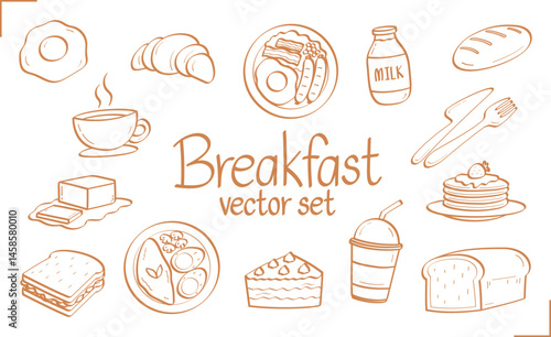 hand drawn line drawing breakfast graphic element vector set
