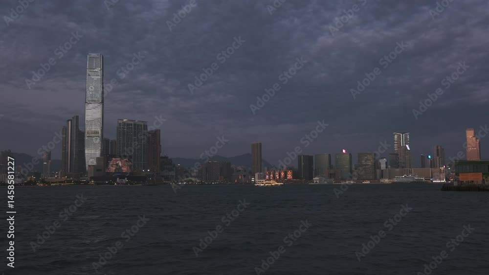 Hong Kong at night and boats in Victoria Harbour and Hong Kong Kowloon, time lapse, 4k Hong Kong at night and boats in Victoria Harbour and Hong Kong Kowloon, time lapse, 4k