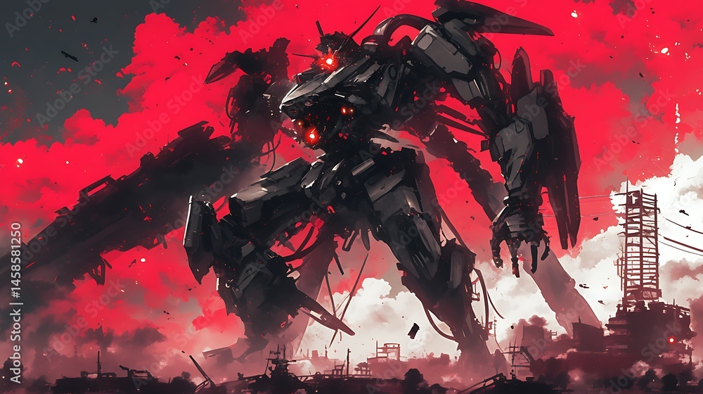 Futuristic robot in a ruined city Futuristic robot in a ruined city