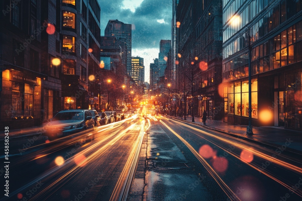Urban street at twilight, illuminated by city lights. Busy street with blurred car motion, showcasing urban life and vibrant atmosphere Urban street at twilight, illuminated by city lights. Busy street with blurred car motion, showcasing urban life and vibrant atmosphere