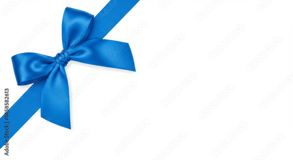 Vibrant blue satin ribbon gracefully adorns a pure white canvas expanse Vibrant blue satin ribbon gracefully adorns a pure white canvas expanse