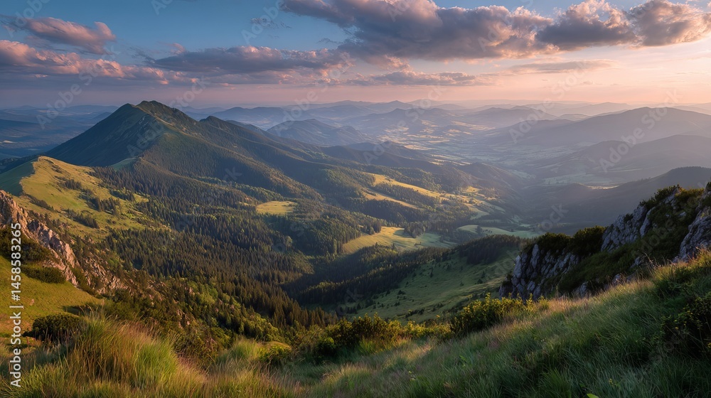 Naklejka premium Golden sunrise over dewy grass in the rolling hills of the carpathian mountains