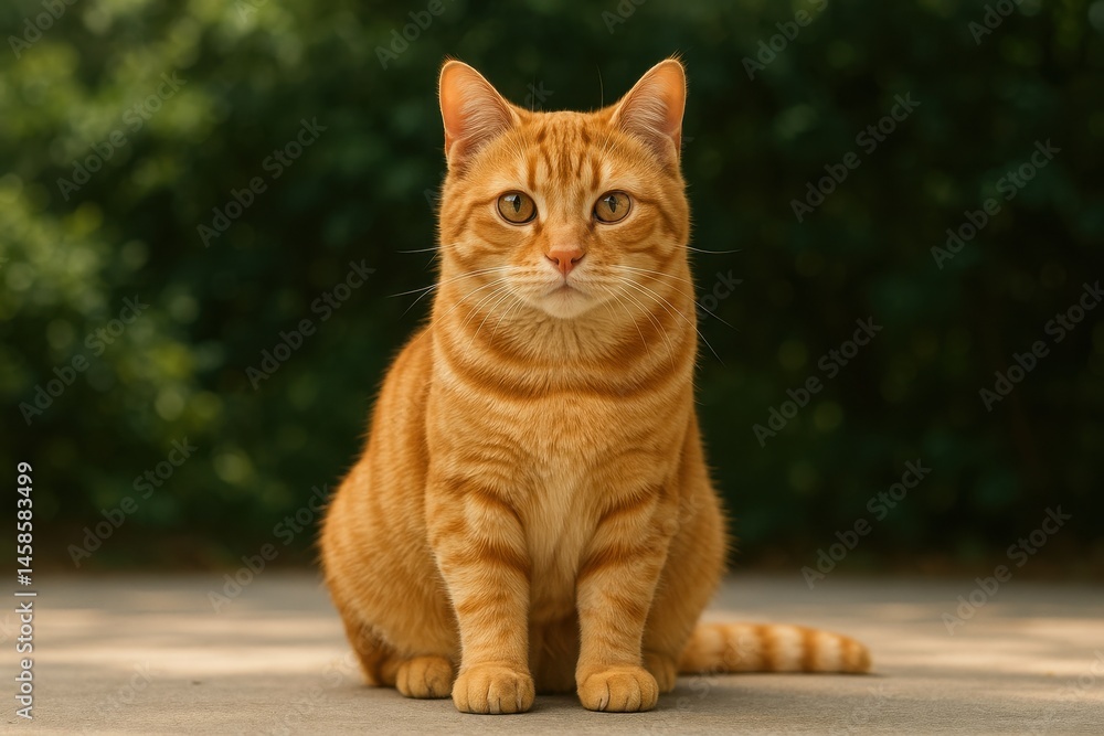 Fototapeta premium Portrait of alert ginger tabby cat sitting outdoors on concrete with blurred green background, perfect for pet care, veterinary or adoption themes