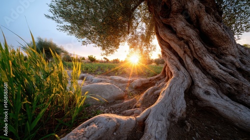 Sunrise ancient olive tree roots in serene nature setting
