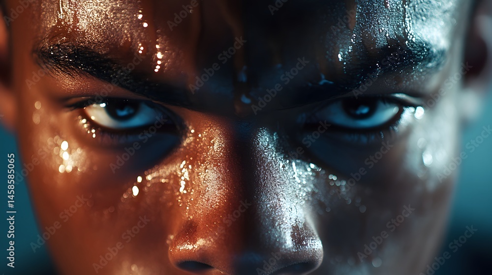 Close-up portrait of a determined person's face, covered in sweat. Close-up portrait of a determined person's face, covered in sweat.