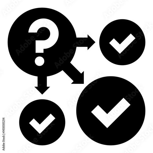 Question mark with multiple answers vector icon, symbolizing problem solving, inquiry, decision-making, and guidance