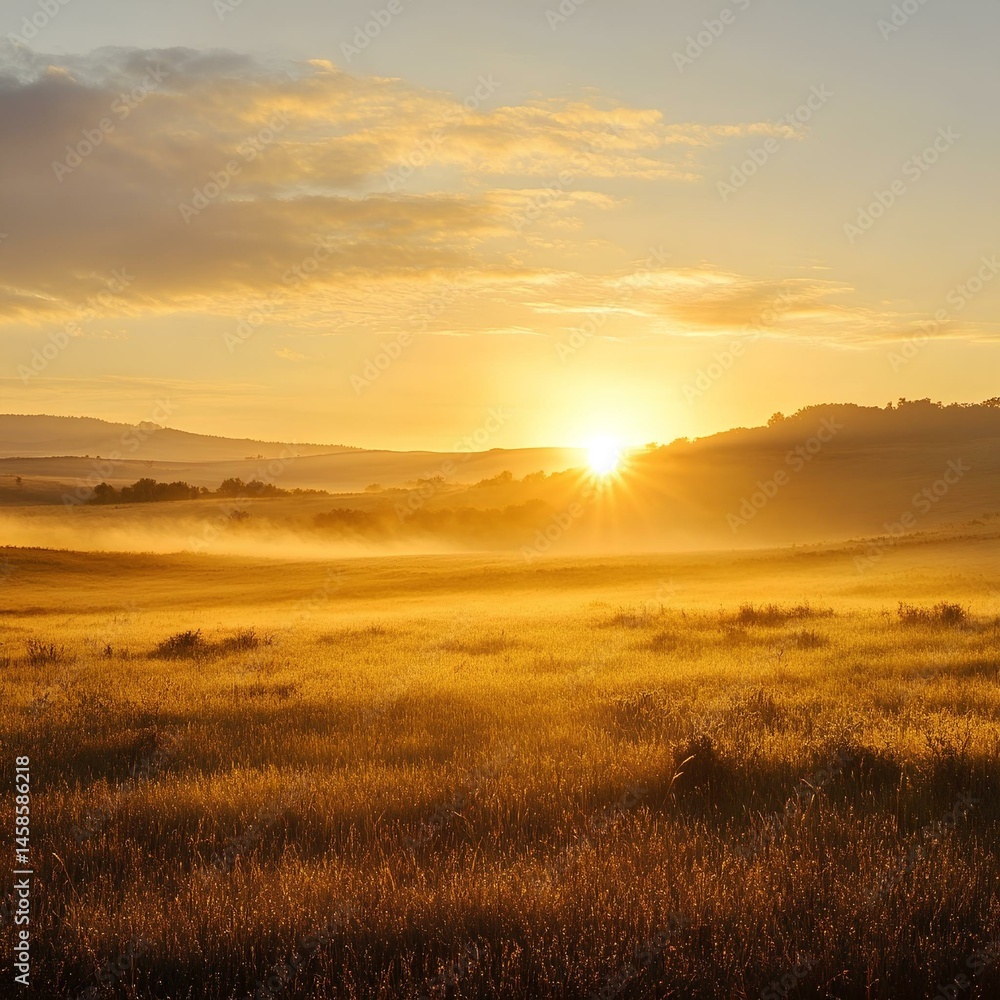 Misty Sunrise Over Golden Grassland with Light Fog Misty Sunrise Over Golden Grassland with Light Fog