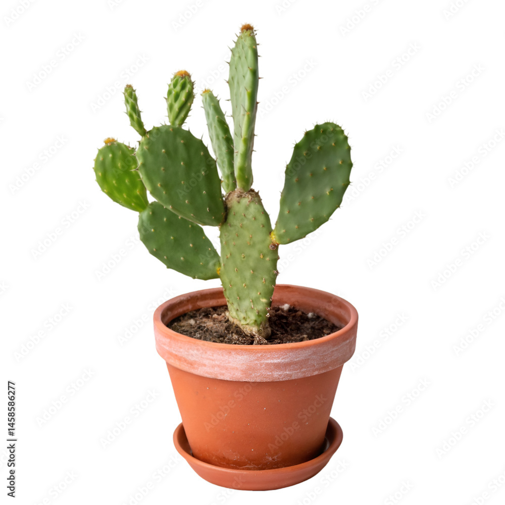 Green opuntia cactus in pot isolated on transparent background Green opuntia cactus in pot isolated on transparent background