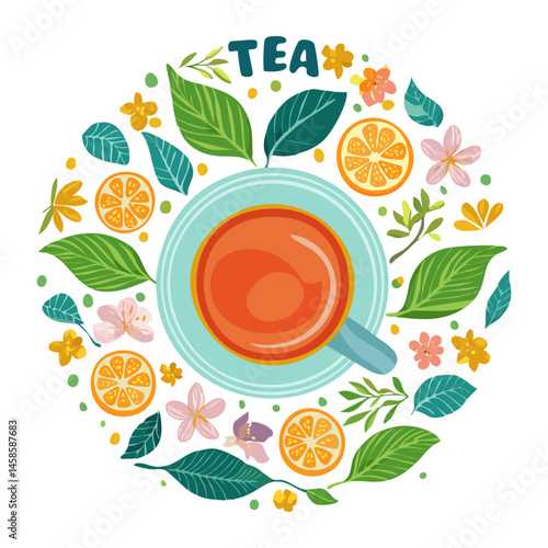 Tea Vector Illustration – Hand Drawn Teacup, Leaves, and Teapot in Minimal and Vintage Style