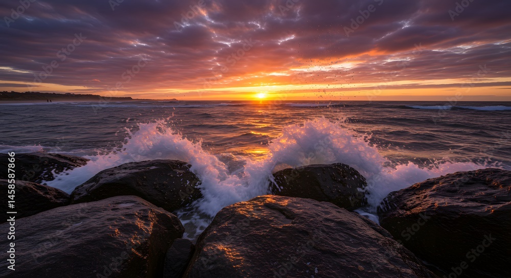 Fototapeta premium AI image of a dramatic ocean sunset with powerful waves crashing against dark rocks, creating splashes under a vibrant sky