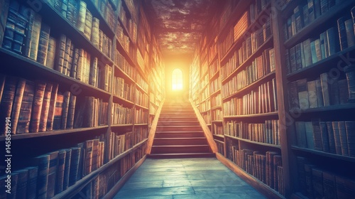Stairway leading to a bright light in a vast library.