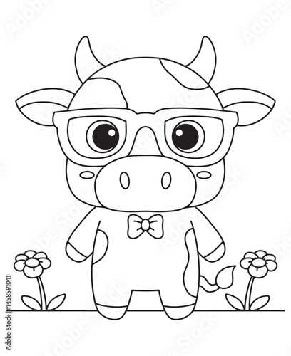 Coloring book cute cow wearing glasses and a bow tie 