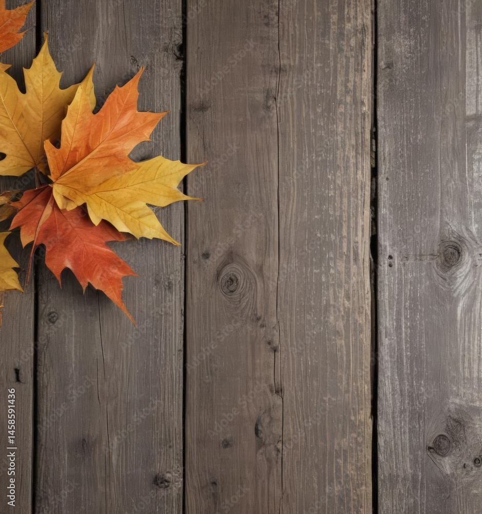 Close-up of maple leaves on weathered wood planks , close-up, plank Close-up of maple leaves on weathered wood planks , close-up, plank