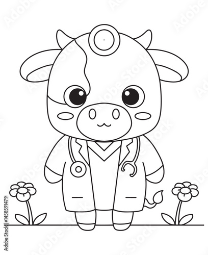 Coloring book cow dressed as a doctor with a stethoscope and head mirror among the flowers