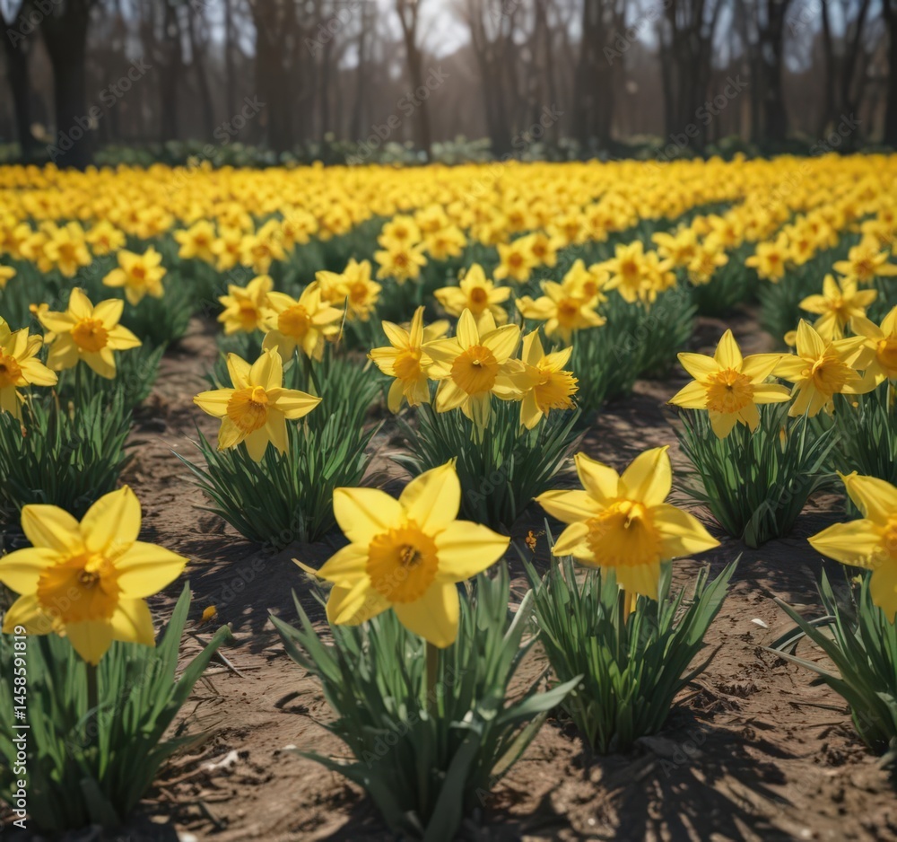 Fototapeta premium Sunlit field of vibrant yellow daffodils in full bloom , yellow, image, bright
