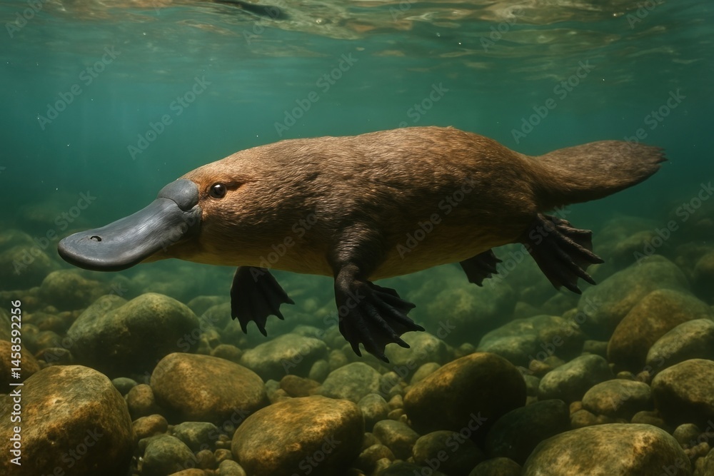 Fototapeta premium Platypus swimming underwater gracefully.