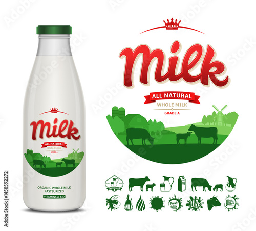 Vector milk label. Milk glass bottle with label. Dairy icons and design elements