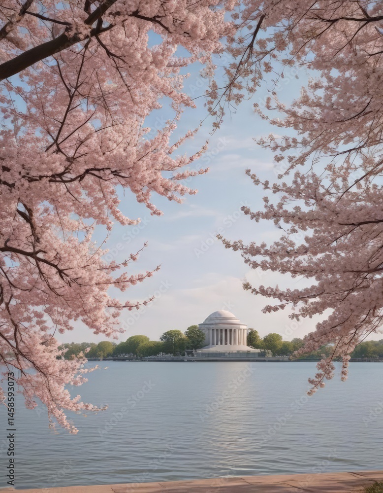 Obraz premium Jefferson Memorial framed by blossoming trees, United States, scenic