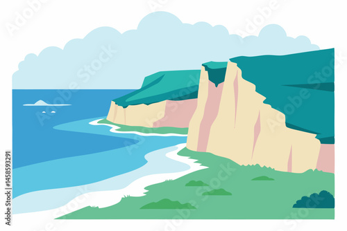 Coastal Cliffs Scene: A captivating view of towering coastal cliffs, sculpted by nature's touch, meeting the endless expanse of the ocean under a serene, cloudy sky, a testament to nature's artistry.