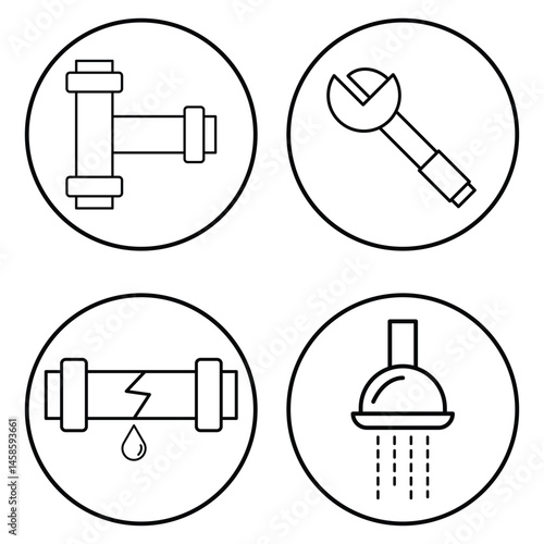 Plumbing icon set for broken pipe, wrench, shower fitting, leak repair toolkit, hardware, construction service, water vector illustration.