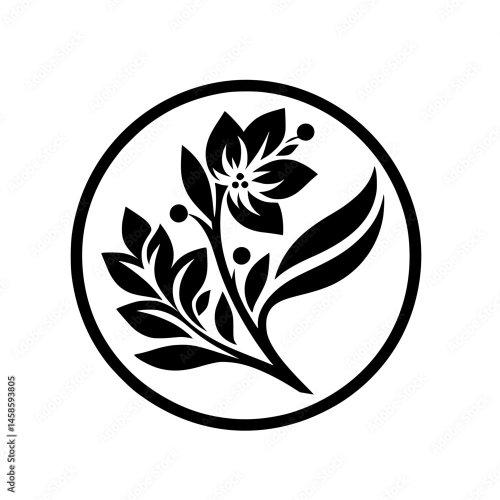 Elegant Floral Emblem in a Circle: Minimalist Black & White Design Elegant Floral Emblem in a Circle: Minimalist Black & White Design