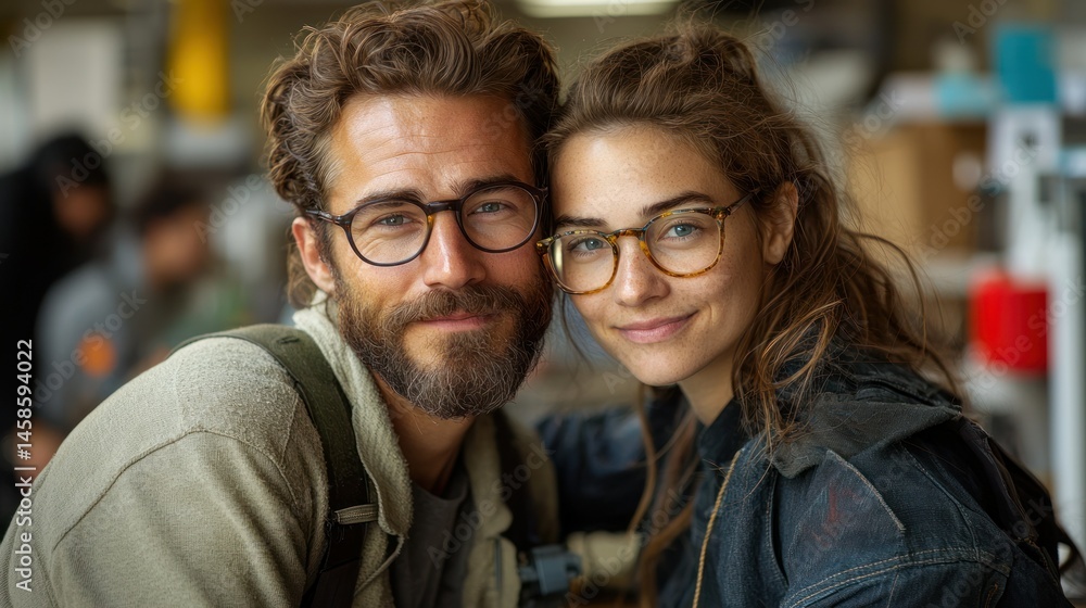 Couple smiles, wearing glasses, looking affectionate at camera Couple smiles, wearing glasses, looking affectionate at camera