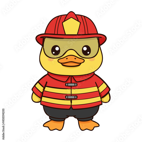 cute icon character yellow duck dressed as a firefighter.