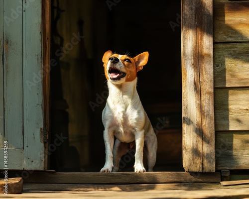 Dog Bark Door. Adorable Jack Russel Terrier Barking Next to Open Door on Sunny Day