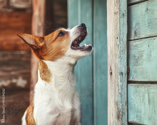 Dog Bark Door. Adorable Jack Russell Terrier Barking by Open Door on Sunny Day
