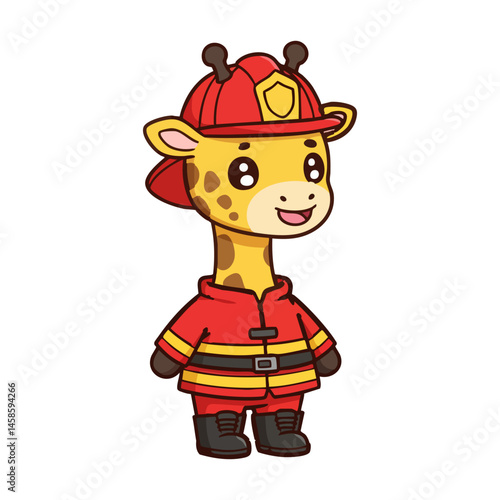 cute icon character giraffe dressed as a firefighter.