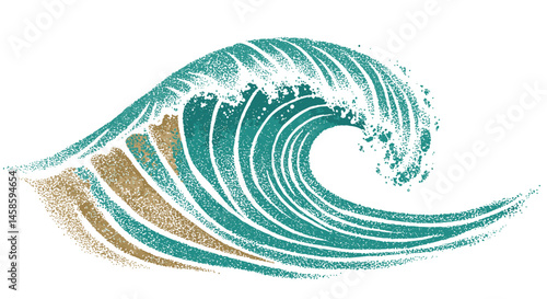 Blackwork tattoo icon. Wave illustration in turquoise and beige colors