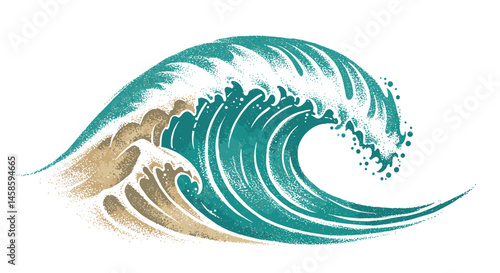 Blackwork tattoo icon. Illustration of a crashing ocean wave on sandy shore
