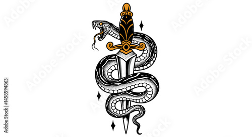 Blackwork tattoo icon. Snake coiled around ornate sword in black and gold design