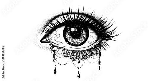 Blackwork tattoo icon. Artistic black and white eye illustration with decorative elements