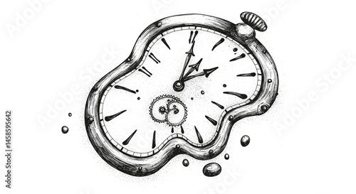 Blackwork tattoo icon. Melting clock illustration in surreal style